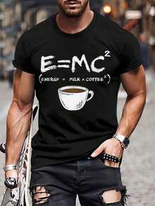 Camiseta de manga corta para hombre con estampado digital 3D - Diseño gráfico de humor con café E=MC², tela ligera y transpirable, cuello redondo informal, lavable a máquina, comodidad para todas las estaciones, ropa de uso diario, camiseta de corte relajado, camiseta con humor, tela duradera. - Negro - Ver 1