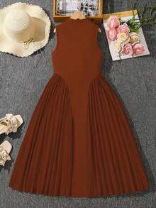 Left Mama Vestido plisado sin mangas con cuello Mao para niñas, elegante para el verano - Marrón - Ver 2