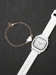 6pcs/Set Women's Silicone Quartz Watch With Square Dial, Fashion Casual Wristwatch + Heart-Shaped Bracelet (Watch Box Not Included) - Multicolor - View 7