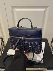 女士羊毛复古手提包/盒子包，新款时尚格子通勤单肩斜挎包 - 藍色 - 查看 9