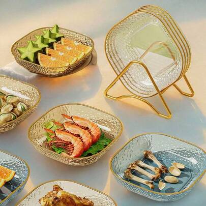 1/2/4Pcs Transparent Plastic Multifunctional Fruit Bread Snack Storage Plate With Stand Gold Rim Reusable Plastic Plate For Salad Snacks Sandwiches Suitable For Household Kitchen Tableware Kitchen Supplies New Year Valentine's Day Mother's Day Father's Day Summer Graduation Back To School Gifts