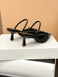 Xin Jing Shoes Women's Elegant Rhinestone Bow Mesh Sexy Fashion Net Yarn One-Strap Commuting Mid-Heel Shoes - Black - View 11