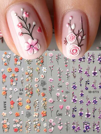1 Sheet Embossed Colorfur Flower Nails Art Stickers Dry Flower Decals Nails Sticker Decor Self-Adhesive Decals DIY Manicure Stickers