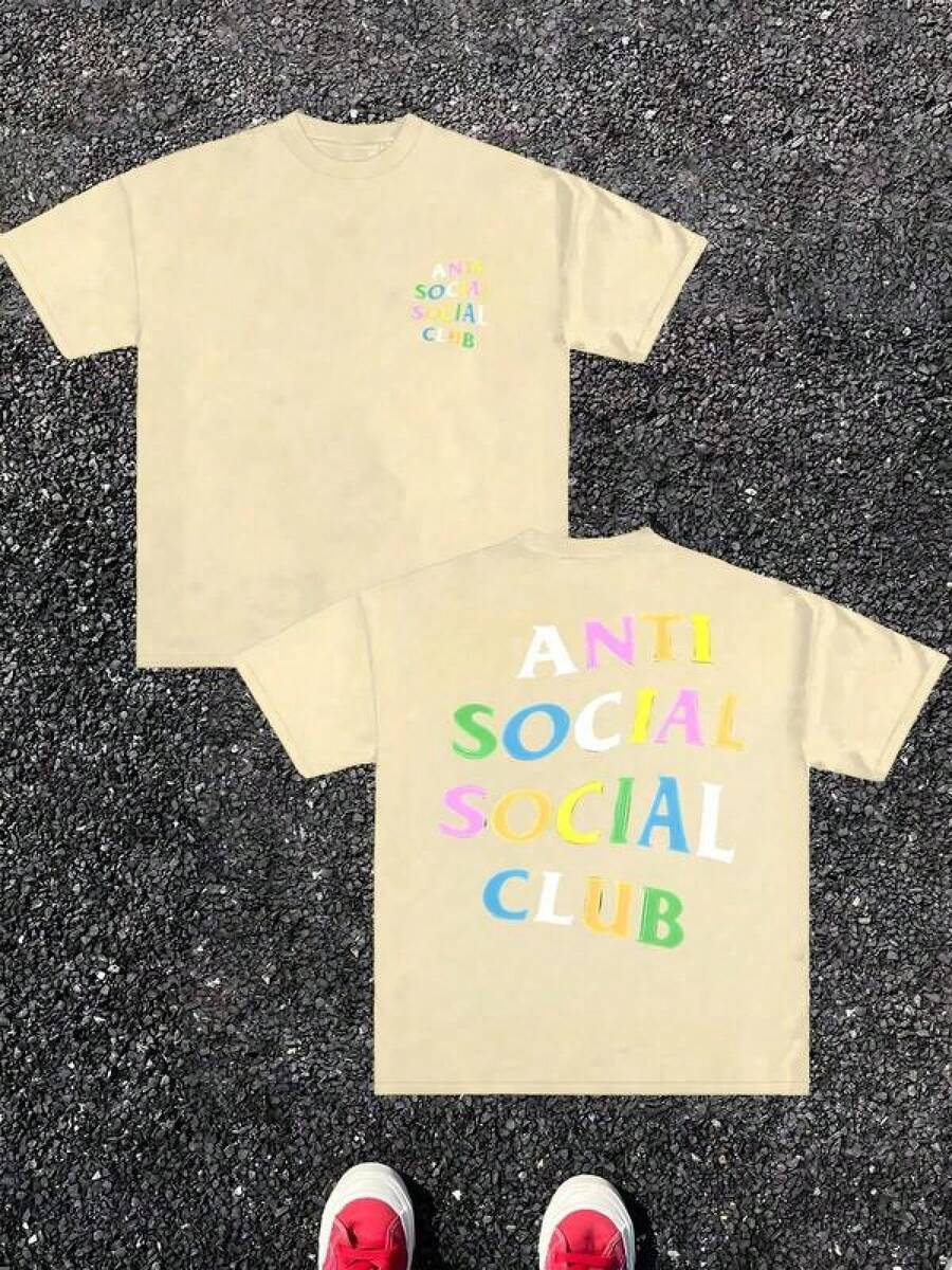 Super Value Hot  T-Shirt Anti Social Club Double Sided Digital Printed 220g Casual T Shirt 1pcs Men's Streetwear 100% Cotton Graphic Tee Relaxed Fit Tee For Urban Style The Fabric Is Comfortable, Making It The Best Gift For Friends And Fans XS002 - Apricot - View 1