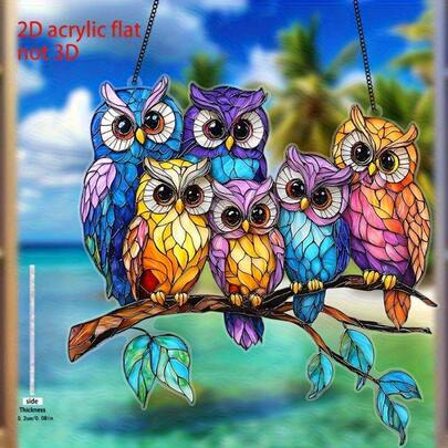 2D Flat Boho Style Owl Family Acrylic Decor - Window Decoration, Colorful Stained Glass Pattern, Suitable For Home, Garden, Office Or Yard Decor, Ideal For Anniversary, Wedding, Graduation, Mother's Day And Other Occasions