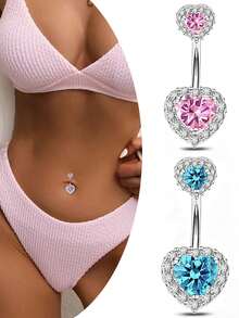1 pieza Elegante y sexy joyería de piercing de acero de titanio para el ombligo, anillo para el ombligo dulce y fresco con forma de corazón y strass, joyería corporal para mujer - Multicolor - Ver 2