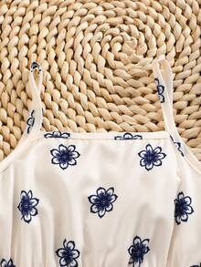 儿童夏季波西米亚风连衣裙，蓝白碎花印花，棉混纺面料，细肩带 - 藍白色 - 查看 4