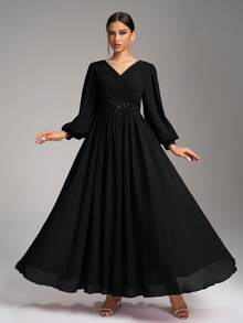 SUPGIR V领褶裥腰身珍珠饰边灯笼袖雪纺长裙 - 黑色 - 查看 6