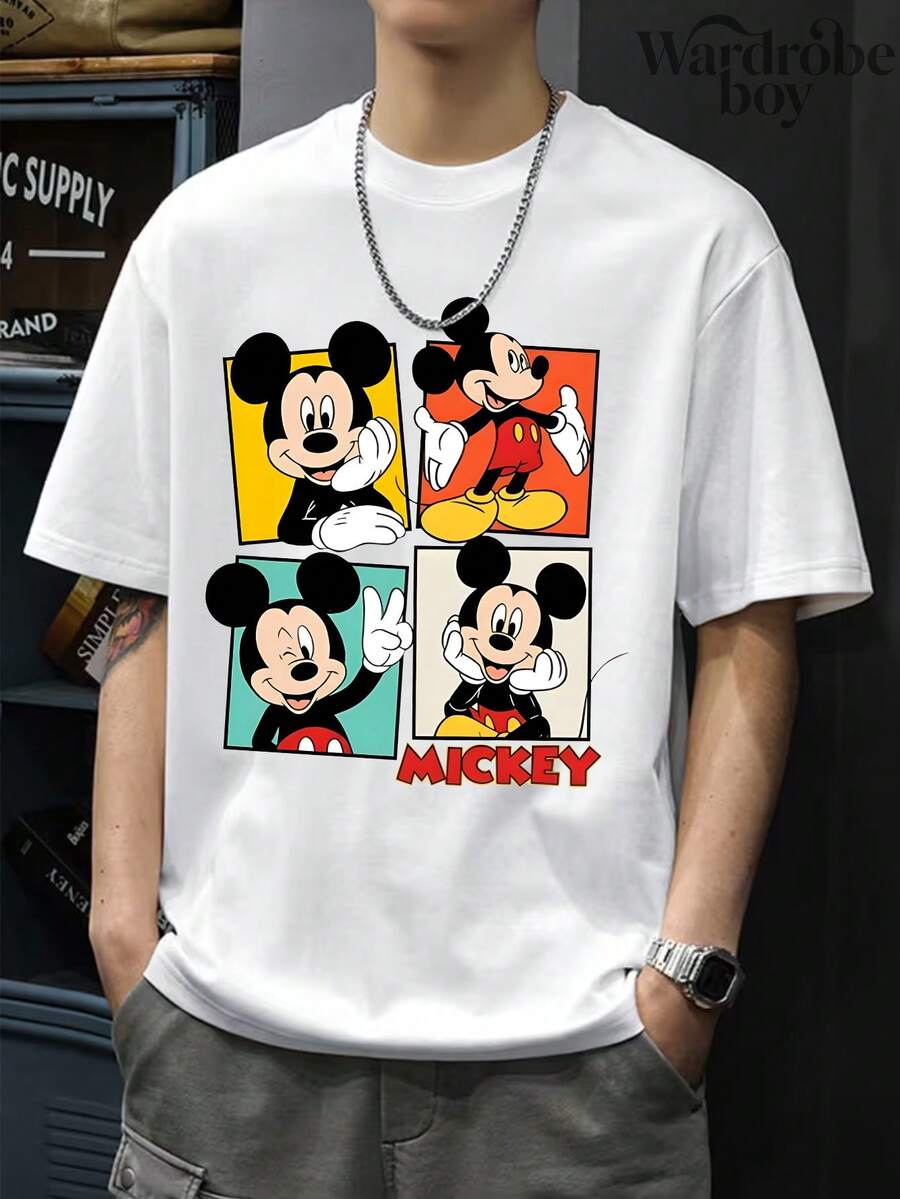 Disney Printed T-Shirt,Disney Funny Mickey Journey Pose Pattern Print T-Shirt, Unisex,High-Quality Pure Cotton T-Shirt,Suitable For All Seasons, Comfortable And Breathable| Exquisite Design | The Best Choice For Giving Gifts - 白色 - 查看 1