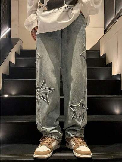 pantalones de hombre pantalones de hombre>mezclilla pantalones de hombre>baggy pantalones vaqueros para hombre Vaqueros rectos para hombre Star Fringe Design Hip Hop Punk Style Jeans Fashion Loose