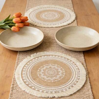 1/3/6pcs Bohemian Placemats With Tassels, Floral Pattern Countryside Style Tablemats, Non-Washable Decorative Mats For Autumn