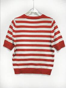 Blusa de punto de cuello redondo de manga corta con estampado de rayas elegante y entallada - Rojo - Ver 3