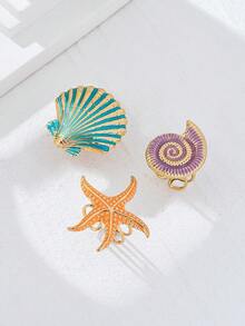 Set de 3 anillos de metal con diseño de concha y estrella de mar de colores a la moda, adecuados para la playa, viajes, elegantes y versátiles - Morado - Ver 6