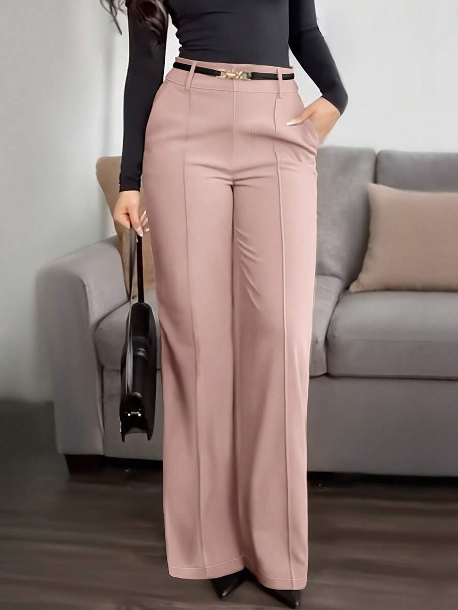 (No Belt) Plus Size Solid Color Pocket Office Daily Commute Elegant Dress Pants Pink Spring - Pink - View 1
