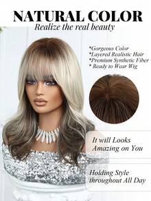 Peruca Ombré Marrom, Comprimento Médio, Franja Reta, 20 Polegadas, Onda Natural, Adequada para Mulheres, Fibra Sintética Resistente ao Calor, Adequada para Festivais, Viagens, Festas, Cosplay, Uso Diário, Presente de Férias para Meninas - Ombre marrom - Visão 3