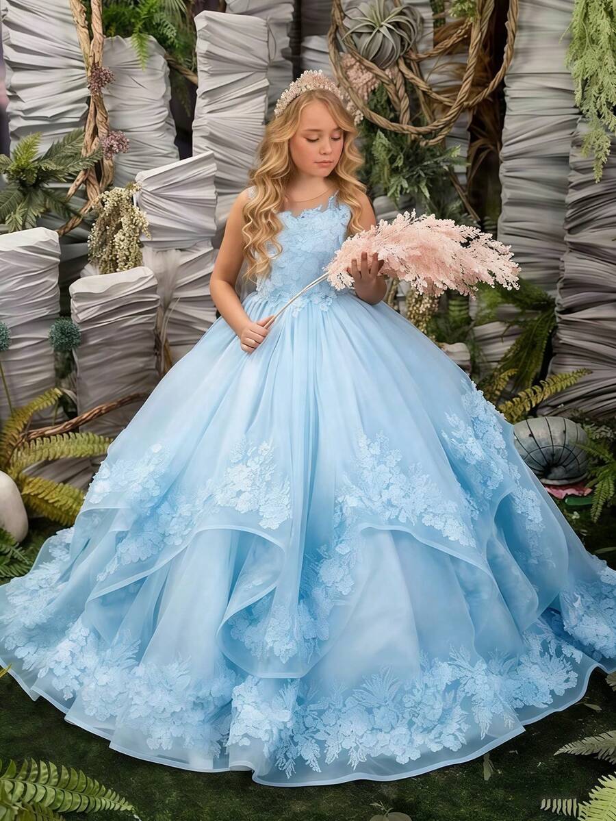 Elegant Sweetie Princess Sleeveless Flower Girl Dresses Appliques Tulle Pageant Dresses For Girls Kids Party Ball Gowns,First Communion Dress,Tween Girls Princess Dress,Birthday,Wedding Or Photoshoot Outfit,Dance Performance Dress,Piano Performance Dress,Perfect For Shows,Birthday Parties,Vacations,Pageant,Prom Dress - 淺藍色 - 查看 1
