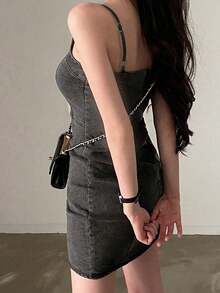 女士性感吊带紧身牛仔连衣裙 - 灰色 - 查看 2