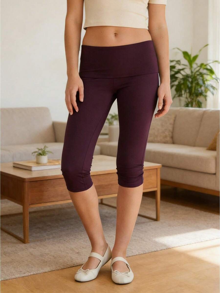 Womens Low Rise Capri Pants Fold Over Waistband Solid Color Slim Fit Cropped Pants Trousers - 紫色 - 查看 1