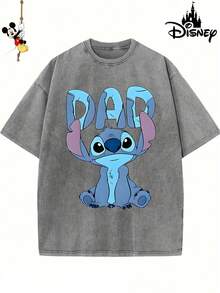 Disney Official Licensed Stitch DAD Wash T-Shirt 230g Cotton Crew Neck Drop Shoulder Unisex Tee - Xám - Xem 1