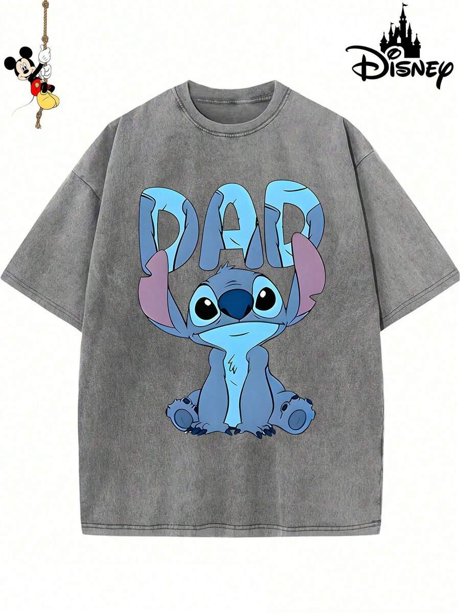 Disney Official Licensed Stitch DAD Wash T-Shirt 230g Cotton Crew Neck Drop Shoulder Unisex Tee - Xám - Xem 1