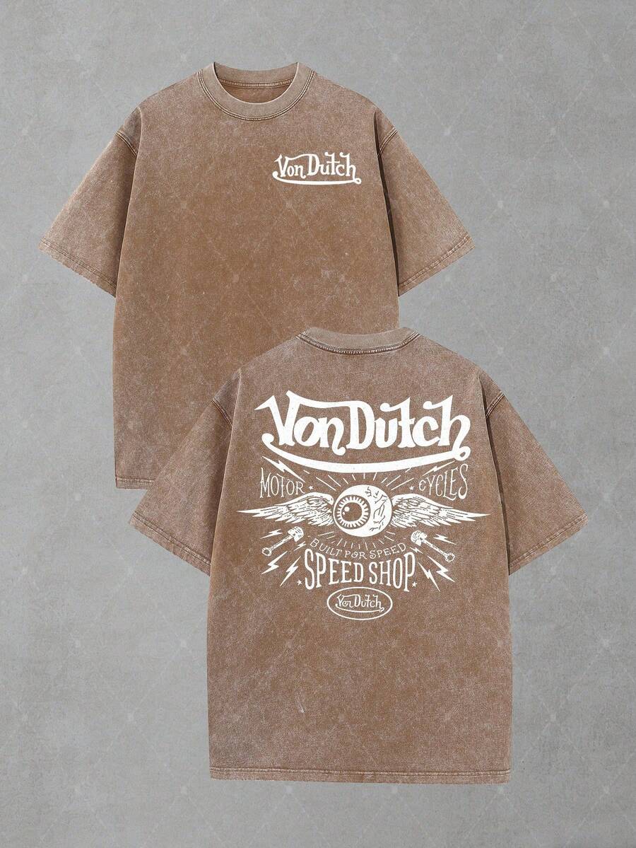 Van Dutch Eagle Skull Badge Graphic Men's Vintage Washed Oversized Crew Neck Short Sleeve T-Shirt - Lightweight Comfort Cotton For Daily Casual & Punk Outfits,  Gift For Gothic Fans, Camisas Para Hombre, Oversized Mens Shirt - 咖啡棕 - 查看 1