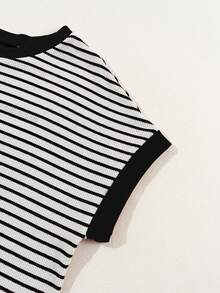 Áo thun dệt kim tay cánh dơi cổ tròn kẻ sọc, màu đen, phong cách thường ngày mùa hè. - màu đen - Xem 10