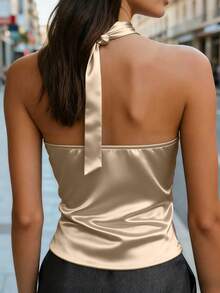Nueva Blusa Primavera/Verano para Mujer Joven, Diseño de Nicho Francés con Tirantes Finos, Decoración con Hebilla Metálica, Blusa Satinada Suave y Cómoda de Lujo en Color Blanco Casual - Caqui - Ver 3