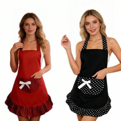 Cute Bow Apron For Kitchen, Vintage Style Apron With Pockets For Women, Suitable For Cooking, BBQ, Restaurant