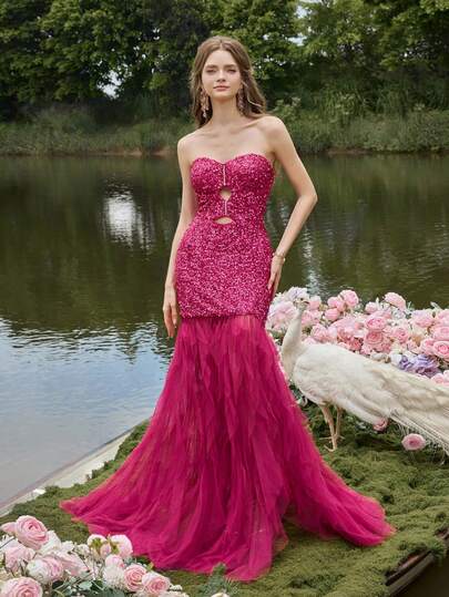 Faeriesty Women's Elegant Luxury Strapless Cut Out Front Maxi Chiffon Formal Evening Dress With Mesh Insert Fitted Mermaid Hem,Perfect For Spring Weddings, Garden Parties, Outdoor Woodland Celebrations, Romantic Dinners, Formal Portrait Photoshoot