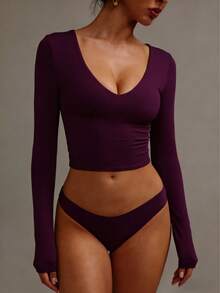XLLAIS Sexy V-Neck Long Sleeve Cropped Top, Double-Layer High Elasticity Yoga Fabric Casual - Purplish-red - View 2