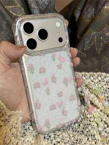 Spring Artistic Cute Pink Rose Flowers Butterfly Polka Dot Phone Case Compatible With IPhone 17 Pro Max 17 Pro 17 16 Pro Max 16 Pro 16 15 Pro Max 15 Pro 14 Pro Max 14 Pro 13 12 Pro Max 11 16 15 14 Plus With Lovely Bracelet Glitter Clear Cover For Girl - Clear - View 3