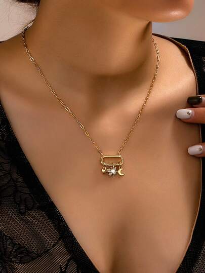 1pc Elegant Openable Oval Locket Moon Pendant Necklace