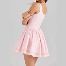 French-Style Solid Color, Gentle And Sweet Girl Fashion, Cute Bow Mini Dress, Elegant Waist-Cinching Vacation Skirt - 粉紅色 - 查看 5