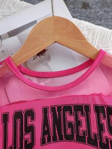 Girls "LOS ANGELES" Print Outfit With Tulle Element, Blending Sweet, Dreamy And Streetwear Style, Suitable For Spring/Summer Baby Girl Performance, Photo Shoot Or Casual Wear - Hot Pink - View 3