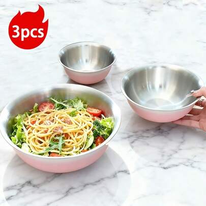 3pcs Pastel Gradient Stainless Steel Mixing Bowls, Colorful Salad Bowls - Multi-Size Mixing, Salad And Baking Bowls, Suitable For Mixing Salad, Kneading Dough, Whisking Eggs, Making Snacks - Dishwasher , Durable And Reusable, Ideal For Home, Restaurant And Bakery