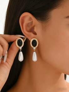1 par de nuevos pendientes de gota de color contrastante de aleación minimalista y vintage con perla falsa, adecuados para uso diario, viajes, fiestas, eventos y bodas de mujeres - Amarillo dorado + multicolor - Ver 2
