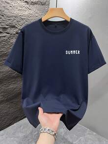 Men's Graphic Print T-Shirt, Beach Summer Wear, Loose Fit Short Sleeve Tee - Navy Blue - View 3