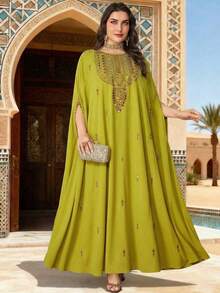 Plus Size Women's Solid Color Round Neck Embroidered Beaded Elegant Arabic Abaya Spring - Fruit Green - View 5