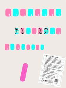 24pcs Short Square Pressed Nail Tips With Romantic Beach, Palm Tree, Bird Patterns, Colorful Design Suitable For Women/Girls Party, Office, Daily Wear, Includes 1 Nail Sticker Sheet And 1 Mini Nail File, Random Color Delivery Press On Nails - Multicolor - View 2