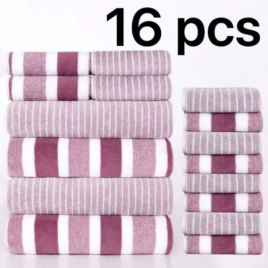 Super Soft And Comfortable 16-Piece Premium Bath Towel Set - Includes 4 Extra-Large Thick Bath Towels, 4 Hand Towels, And 8 Square Towels. These Highly Absorbent And Quick-Drying Towels Are Perfect For Home Use, Ideal For Bathrooms, Hotels, Showers, Gyms, Travel, Yoga, And Are An Essential Bathroom Accessory. - Bộ 16 món kẻ sọc rộng - Màu tím - Xem 1