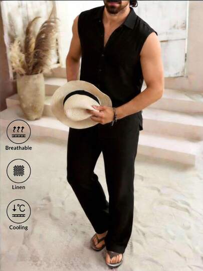Men's Summer Lightweight Linen Cardigan Vest Set, Casual Fashion Linen Pants Set