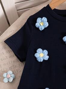 Vestido de manga corta hasta la rodilla con estampado de rayas y flores en parches, para niñas, primavera/verano - Azul - Ver 4