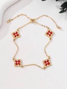 1 pieza Tobillera ajustable con diseño minimalista de flor geométrica, trébol y estilo punk gótico con efecto de goteo metálico, adecuada para uso diario, salidas y vacaciones en la playa - Rojo - Ver 2