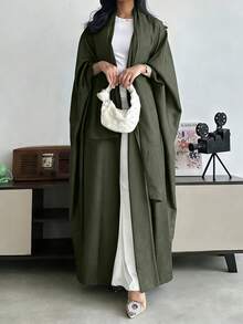 优雅女士长袖落肩卡夫坦长袍，采用无弹力梭织面料制成，不含围巾 - 軍綠色 - 查看 3