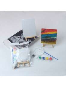 6件套迷你绷框画布、调色盘、画笔、画架、6色颜料、木制画架、艺术底涂画布，适用于绘画、丙烯颜料倾倒、油画和湿画技法，DIY微型房屋装饰，圣诞礼物、生日礼物、母亲节礼物、复活节礼物、毕业交换礼物 - 套裝 - 查看 8