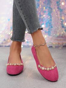 Zapatos de unicolor elegantes, para uso en la oficina, decorados con rhinestones y perlas, adecuados para todas las estaciones - Rosa Fucsia - Ver 4