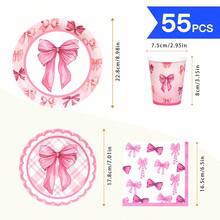 Bộ đồ ăn dùng một lần cho 10 người, họa tiết chấm bi hồng và nơ, bao gồm đĩa, khăn ăn và cốc, thích hợp cho sinh nhật, đám cưới, tiệc tùng, dã ngoại gia đình. - Kiểu 3 - Xem 2