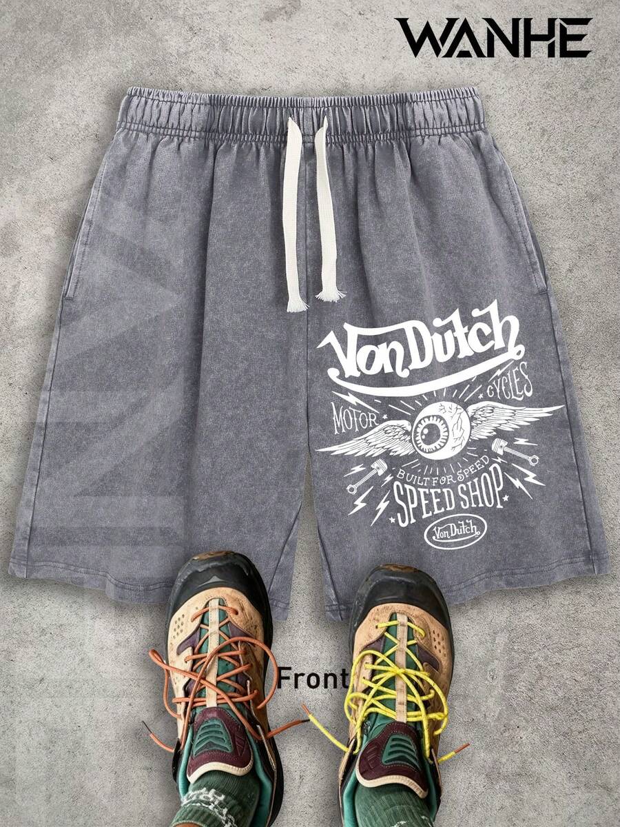 WANHE Men's Washed Shorts / Unisex Style, Couples' Matching Outfit - Ideal Gift For 2026 New Year, Valentine's Day, Romantic Outfits, St. Patrick's Day, Black History Month, Back-To-School Season And Easter-Van Dutch Motor Cycles Speed Shop Printed Washed Shorts For Men Streetwear Casual Summer Outfit  Graphic Design Comfortable Fit Urban Lifestyle Fashion - 灰色 - 查看 1