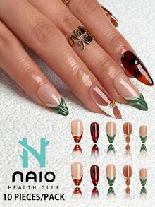 NAIO 10片/套 春夏手工按压式美甲贴片，短杏仁形甲片，Y2K 酷炫风格，棕色、黑色、绿色和白色可选，法式边缘，饰以豹纹、蛇纹图案和金色珠饰配件，凝胶美甲贴片，适合女性和女孩，可用于派对、日常佩戴，附赠工具包，是送给女士美甲的绝佳礼物。 - 彩色 - 查看 11