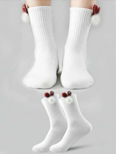1 Pair Rabbit Ear & Pom Pom Decor Mid-Calf Socks, Soft & Comfortable, Minimalist & Stylish